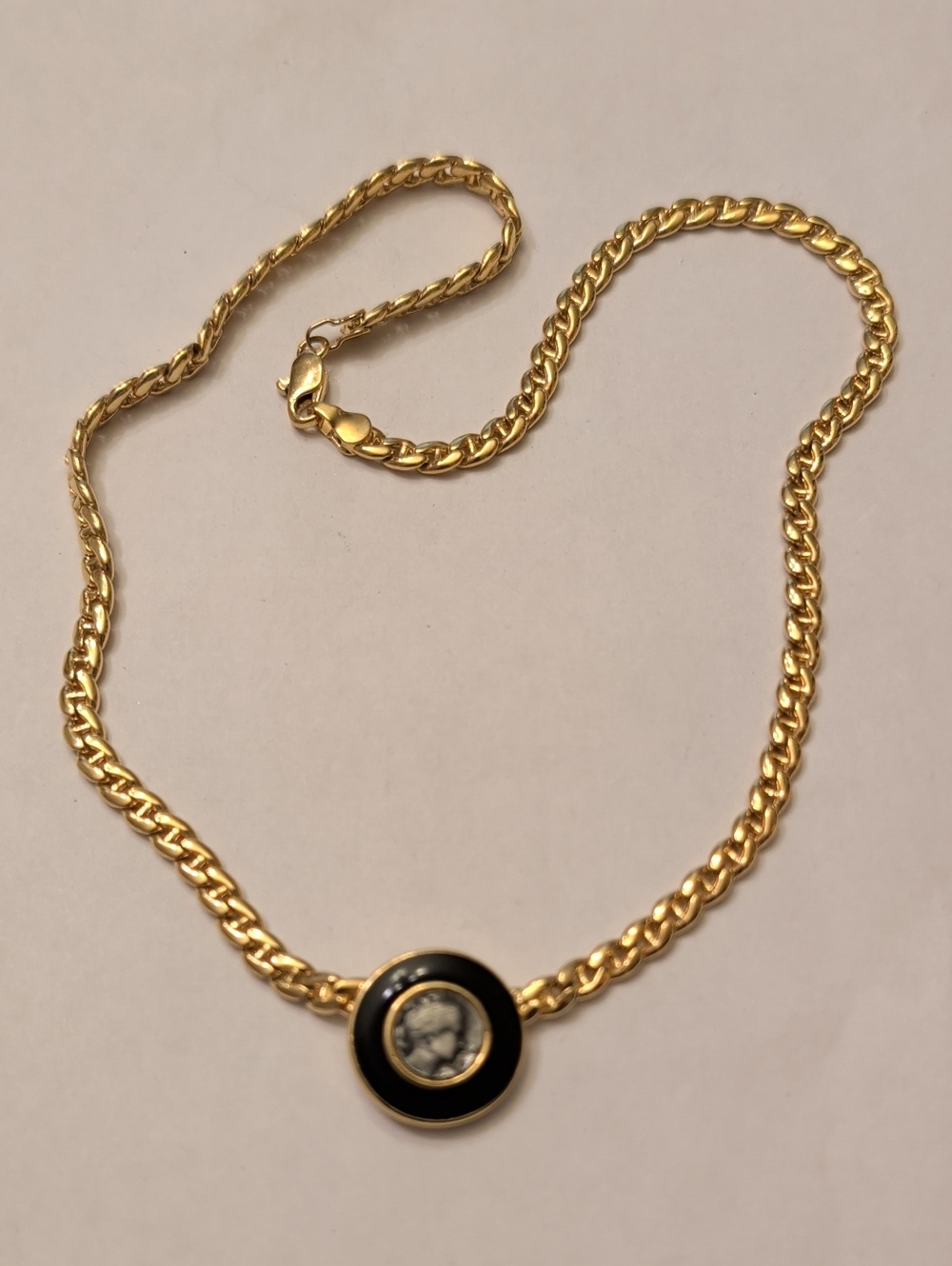 Gold-Tone Women's Chain Necklace with Black Enamel Medal